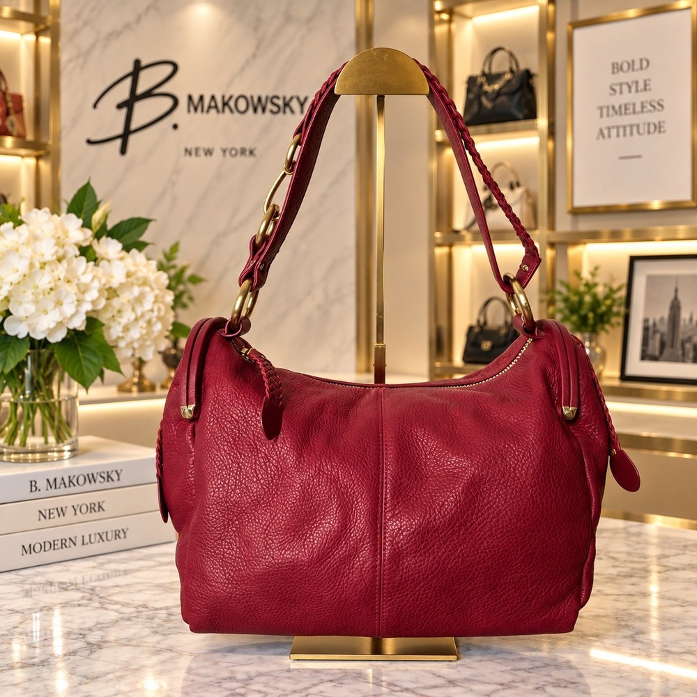 B. Makowsky Red Pebble Leather Shoulder Bag Vintage Y2K Venice Frame Top Zip NWT